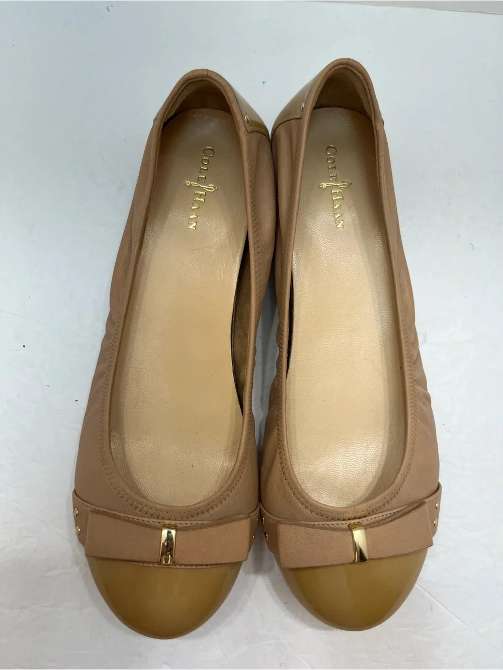 Cole Haan Nike Air Monica Ballet Flats Tan Leather Cap Toe Bow D41662 Women 8.5B